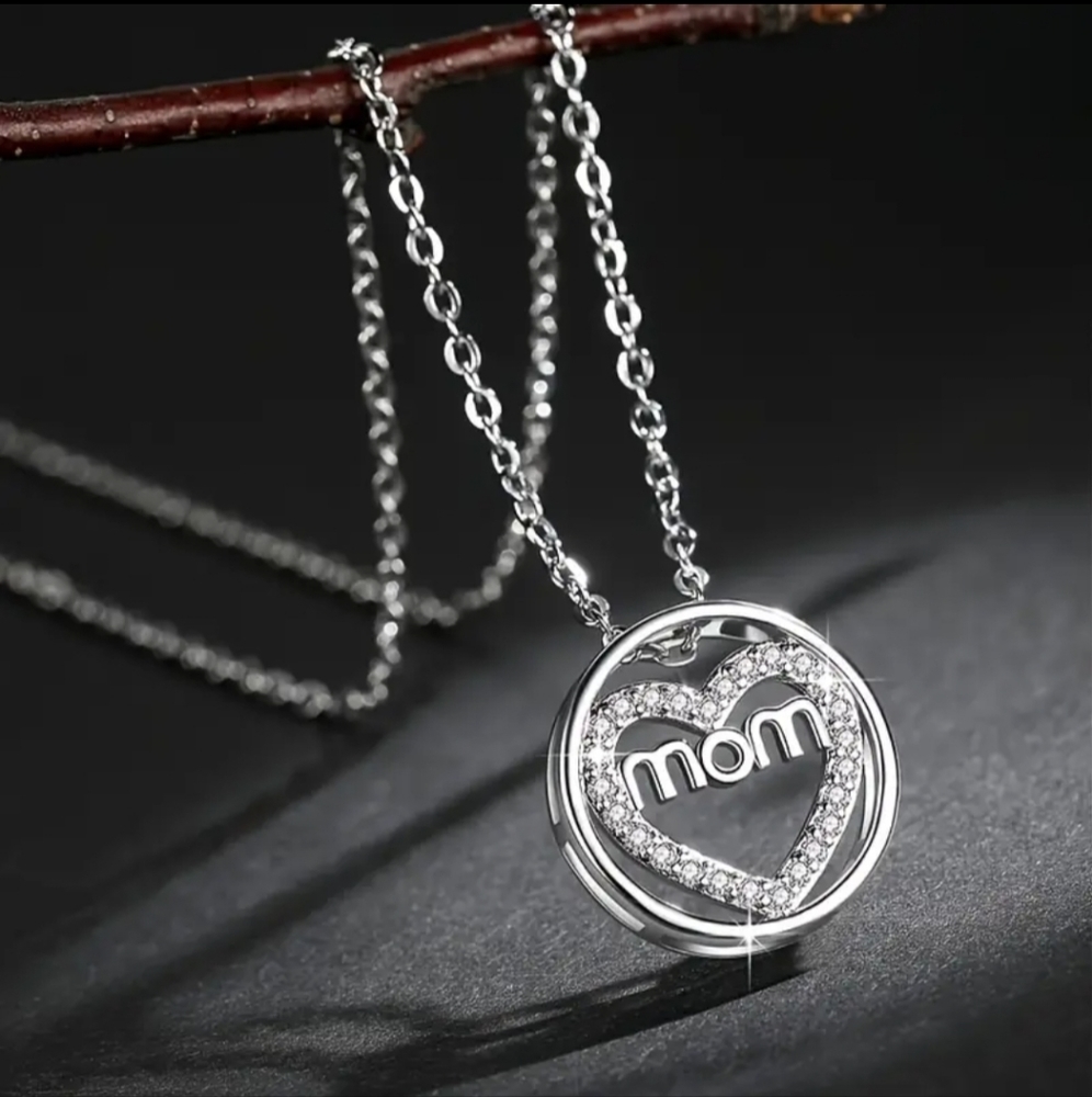 925 Sterling Silver Zircon Heart Mom Pendant Necklace